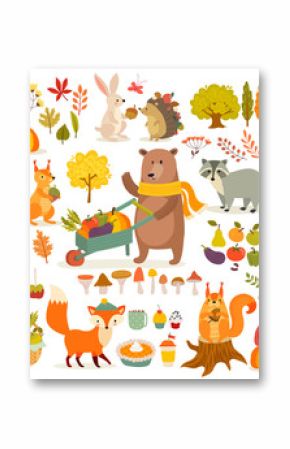 FAll theme set, forest Animals hand drawn style.