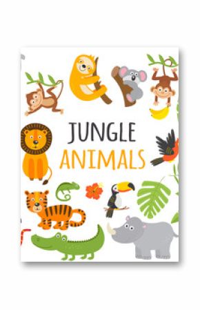 zestaw izolowanych zwierząt dżungli i roślin tropikalnych - ilustracji wektorowych, eps