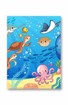 Cute cartoon animals underwater. Vector illustration on a sea theme.