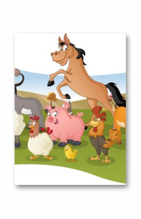 Group of farm cartoon animals. Farm background.  