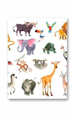 Jungle wild animals. Savannah forest animal bird safari nature africa tropical exotic forest marine mammals, cartoon set