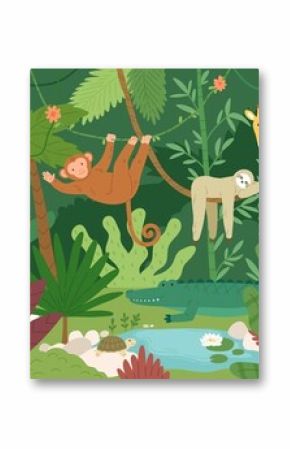 Urocze egzotyczne zwierzęta w tropikalnym lesie lub lesie deszczowym pełnym palm i liany. Flora i fauna tropików. Słodkie śmieszne mieszkańców afrykańskiej dżungli. Ilustracja kreskówka kolorowy wektor płaski.