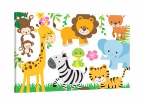 Vector illustration of cute safari animals including lion, tiger, elephant, monkey, zebra, giraffe, deer, snake, and hedgehog.