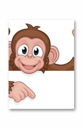 A monkey cartoon character animal peeking over a sign and pointing at it while doing a thumbs up