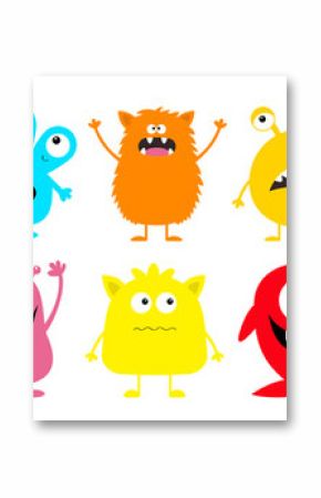Happy Halloween. Monster colorful round silhouette icon super big set line. Eyes, tongue, tooth fang, hands up. Cute cartoon kawaii scary funny baby character.White background. Flat design.