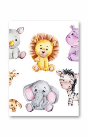 Set with cute cartoon giraffe, zebra, rhinoceros, elephant, hippopotamus and lion  watercolor hand draw illustration  with white isolated background