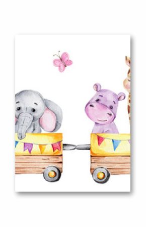 Cartoon train with lion driver and elephant, rhinoceros, giraffe, hippopotamus and zebra on waggons  watercolor hand draw illustration  with white isolated background