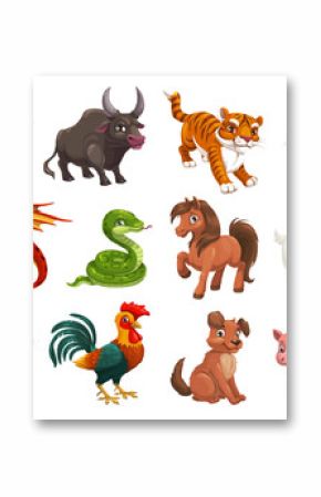 Chinese Lunar New Year animals, zodiac horoscope cartoon vector characters. Cute rat or mouse, dragon and pig, dog, tiger, rooster or chicken, horse, snake, monkey, ox, rabbit, goat or sheep signs