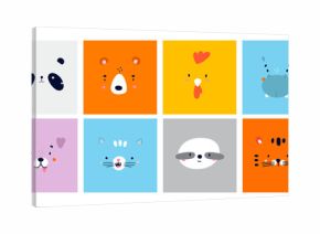 Big Set of Various Cute Animal faces without outline. Funny cartoon Muzzles. Colorful Hand drawn Vector square illustrations. All elements are isolated