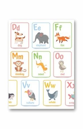 Alphabet cards for kids. Educational preschool learning ABC card with animal and letter cartoon vector illustration set. Flashcards with cute characters and english words placed in alphabetical order.