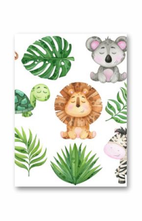 big watercolor set of tropical animals and leaves on white background
