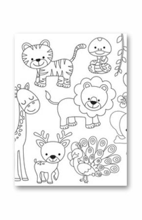 Outline wild safari animals vector illustration for coloring. Jungle animals line art including monkey, tiger, zebra, giraffe, lion, elephant, snake, deer and peacock.