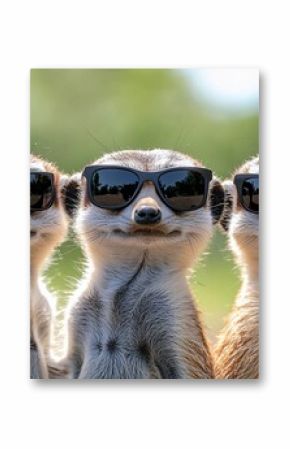 Three meerkats wearing sunglasses