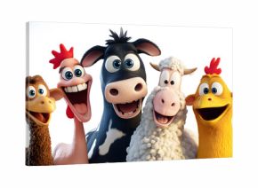 Group of cartoon animals cows, sheep, chickens on farm, cheerful and smiling, placed on white background, suitable for fun learning illustrations, children's imagination nature themed designs.