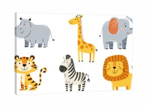 A set of cute vector illustrations in a simple childish style. Safari and jungle animals. Cute lion, tiger, elephant, giraffe, hippo and zebra on white background . Vector illustration