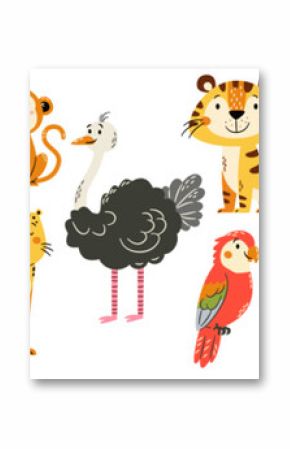 A set of flat vector illustrations in a simple children's style. Cute elephant giraffe tiger leopard lion parrot ostrich flamingo crocodile chameleon zebra monkey on white background. Vector