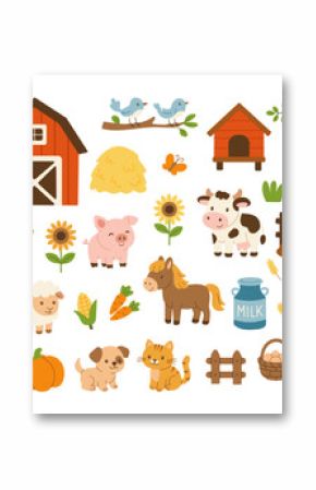 A farm scene with a variety of animals and farm equipment. Scene is cheerful and playful, with the animals and farm equipment depicted in a whimsical and colorful way