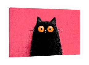 A cartoon cat with big eyes and a black fur coat is staring at the camera. The cat's eyes are bright orange, which gives the image a playful and whimsical mood. The cat's fur is fluffy
