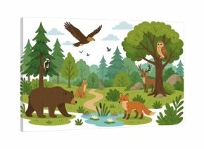 Forest animals wildlife scene with diverse woodland creatures. Vector illustration of a nature ecosystem with bear, fox, deer, eagle, owl, lynx, and rabbit. Cute cartoon landscape.