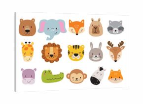 Cute wild jungle animal faces and heads vector illustration. Hand drawn animal face cartoons including a fox, tiger, lion, monkey, giraffe, etc.