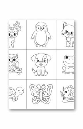 Collection of nine outlined cartoon animals in a grid for coloring or educational use