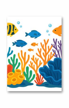 Vibrant coral reef illustration with colorful tropical fish. Cartoon underwater sea life scene. Marine nature background. Aquatic ocean bottom with seaweed and animals vector.