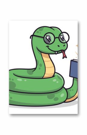 Cartoon Snake Reading Book Illustration for Education and Learning Resources Library