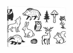 Forest animals doodle icon set. Cute hand drawn sketch illustrations of owl, deer, bear, rabbit, wolf and hedgehog. Black and white cartoon art for woodland wildlife themes.