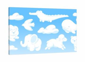 White clouds animal shapes. Funny cartoon animals cloudy design. Kids imagination adorable characters, sheep bear giraffe pony, racy vector set