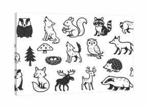 Forest animals doodle icon set. Cute hand drawn sketch illustrations of fox, deer, squirrel, bear, rabbit, raccoon, owl. Black and white cartoon art for woodland nature collection.