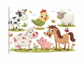 A cheerful collection of cartoon farm animals including a cow pig horse chicken and sheep in a grassy field