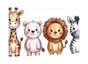 Cute collection of cartoon safari animals like a hippo, giraffe, lion, and zebra illustration.