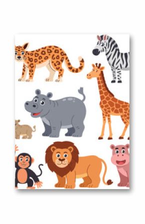 A collection of cute wild cartoon animals including a lion, giraffe, zebra, and hippo.