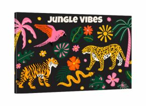 Collection of wild jungle animals, exotic flowers, tropical  plants cartoon vector stickers elements in groovy funky colorful style with illustration of tiger, cheetah, leopard, snake, parrot, palm