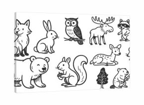 Woodland animals doodle icon set. Cute hand drawn sketch illustrations of bear, deer, fox, squirrel, owl, raccoon. Black and white cartoon art for forest wildlife.