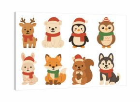 Cute cartoon christmas animals with santa hats and scarves in festive winter theme