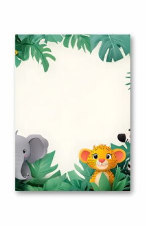 Cute cartoon safari animal frame border on background for kids.