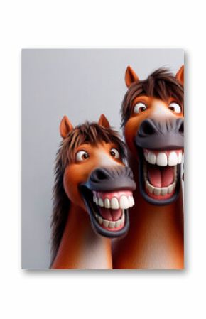 Three cartoon horses with big smiles and huge teeth. Space for text.