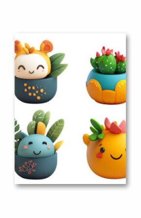 Cute Cartoon Plant Pots with Succulents on Transparent Background