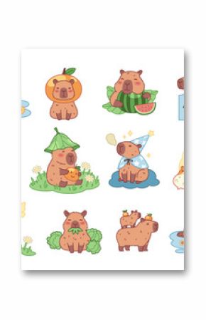 Funny capybaras. Happy exotic comic animals, cute biggest rodents, different poses, actions and emotions, kawaii characters, cartoon flat isolated illustration, stickers tidy vector set