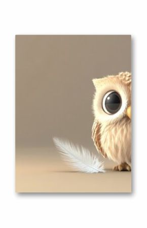 A cute, cartoon baby owl with big eyes stands in front of a white feather on a beige background.