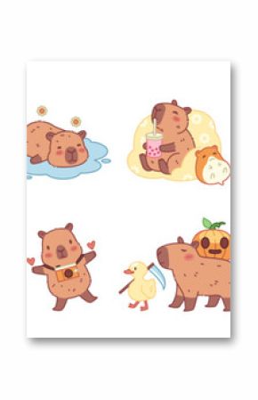 Cute cartoon capybaras characters. Funny exotic animals in different actions, they swim, relax, walk and eat, kawaii biggest adorable baby rodent, tidy vector cartoon flat isolated set