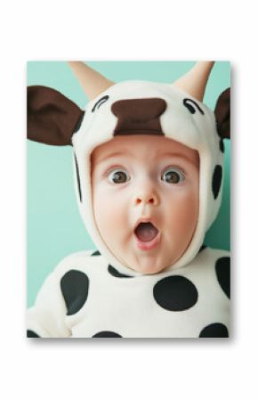 Adorable Baby Dressed in Cow Costume with Surprised Expression Against a Bright and Playful Mint Green Background