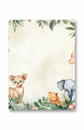 Adorable cartoon animal border in safari theme, watercolor style.  
