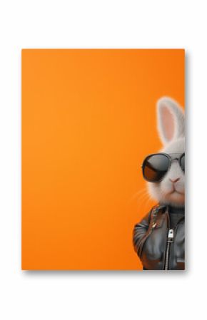 Badass looking Easter bunny character with black sunglasses and leather jacket on orange background, original Easter design with copy space