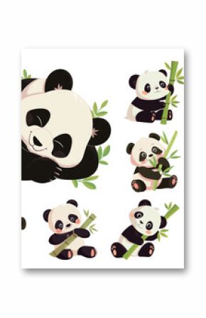 pandas cartoon set. panda with branch, cute kind character bamboo bear black white rare animal china vector illustration