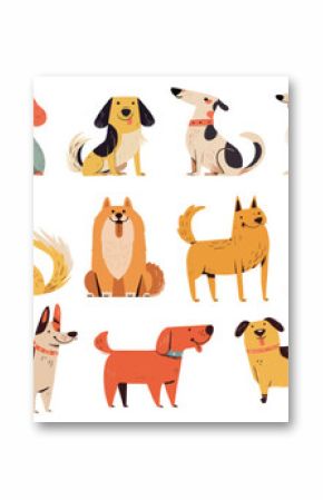 Doodle dogs. Cute puppy characters various poses sit stand, funny pet animals set vector illustration