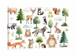 Set of hand drawn wild forest animals and trees. Watercolor woodland animals. Fox, wolf, mouse, reindeer, bunny.