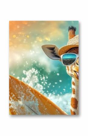 Giraffe wearing a sun hat and sunglasses while surfing on a wave in a vibrant ocean setting
