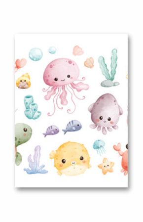 Watercolor Illustration Set of Kawaii Sea Animals and Coral